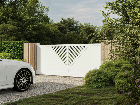 portail collection modernite a lames semi ajourees motif v aluminium tschoeppe modele lyre